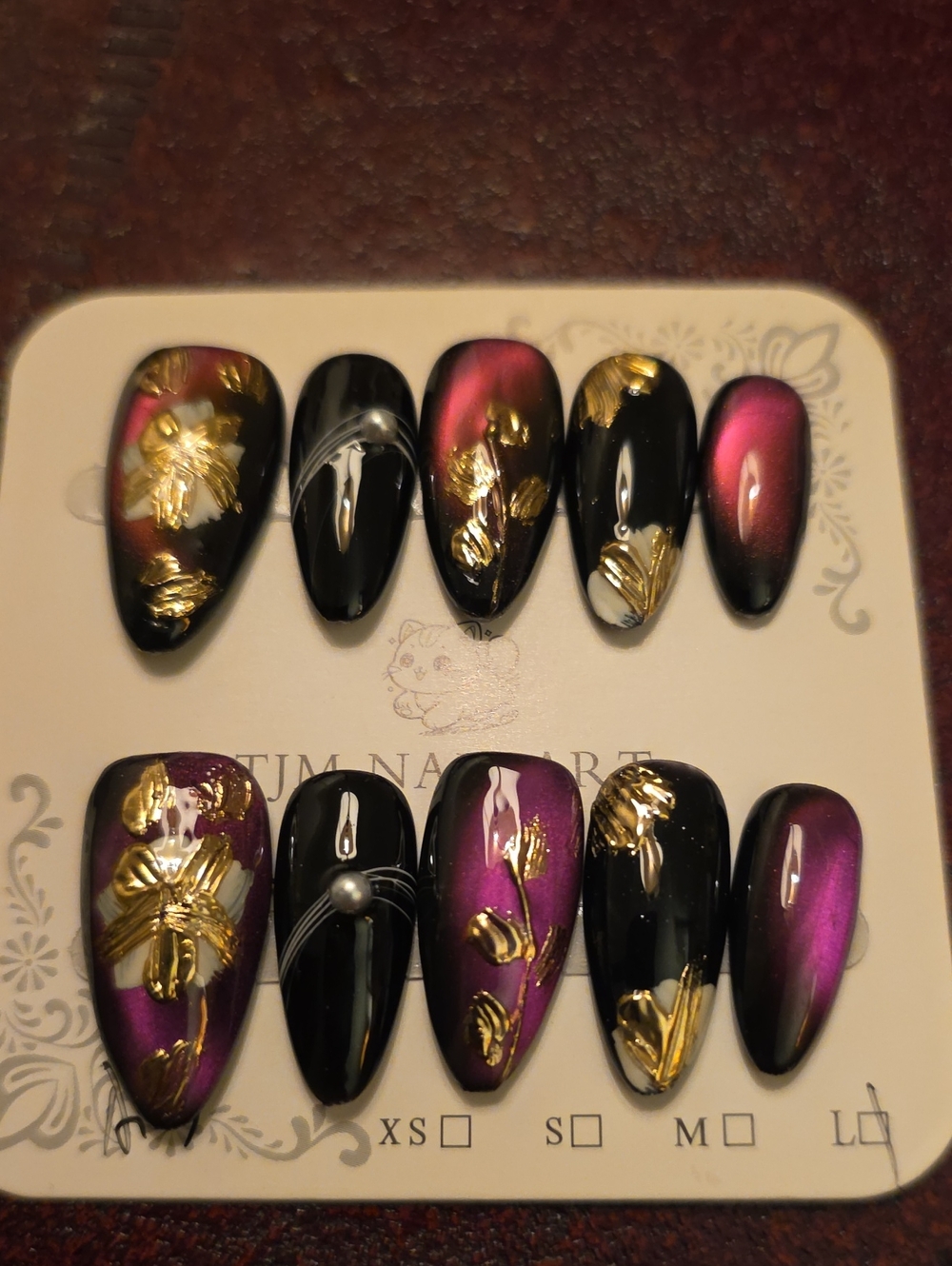 Handcrafted Black & Purple Floral Press-On Nail Set Size Large